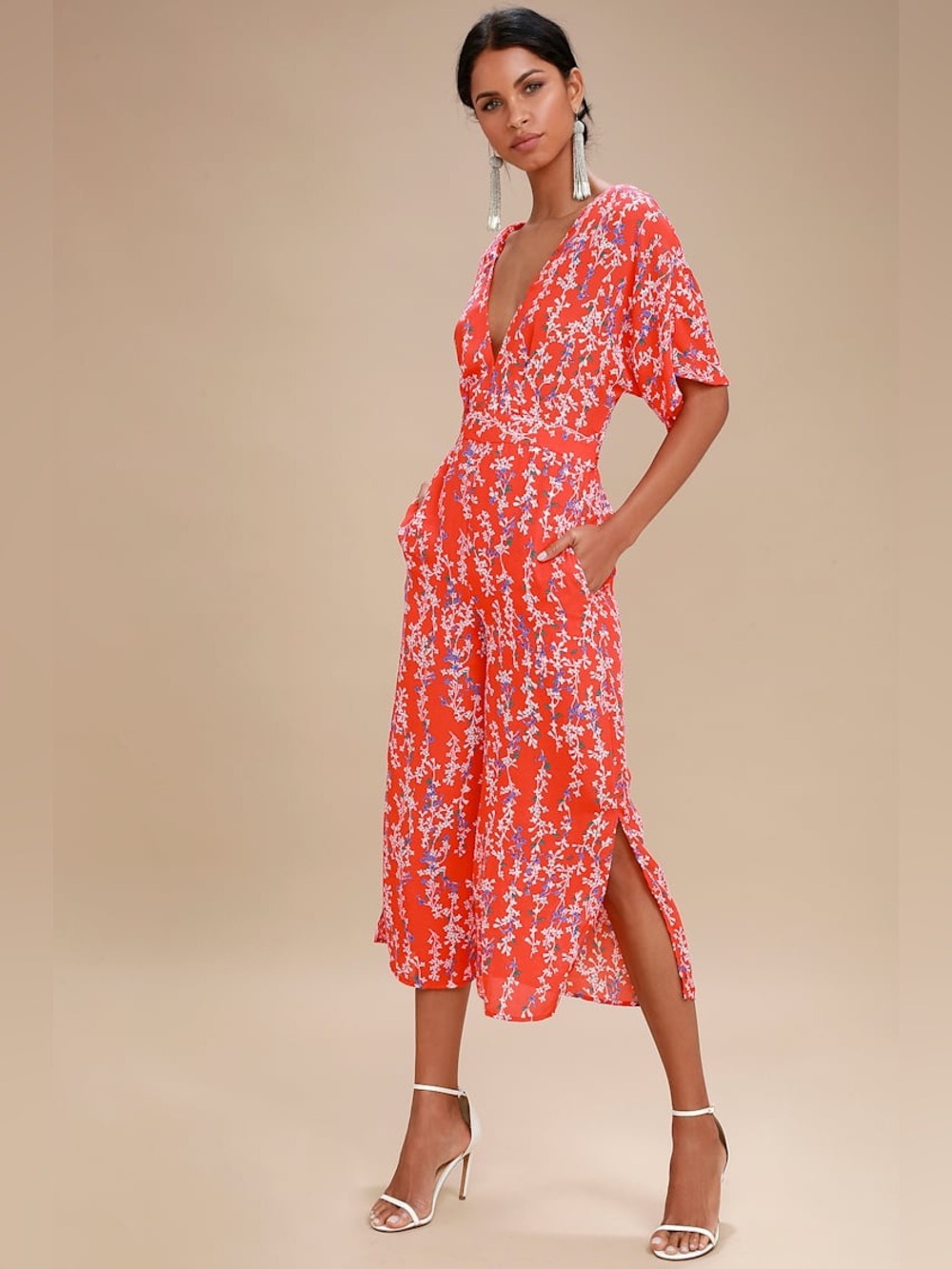 Moon River Fiore Coral Red Floral Print Backless Jumpsuit